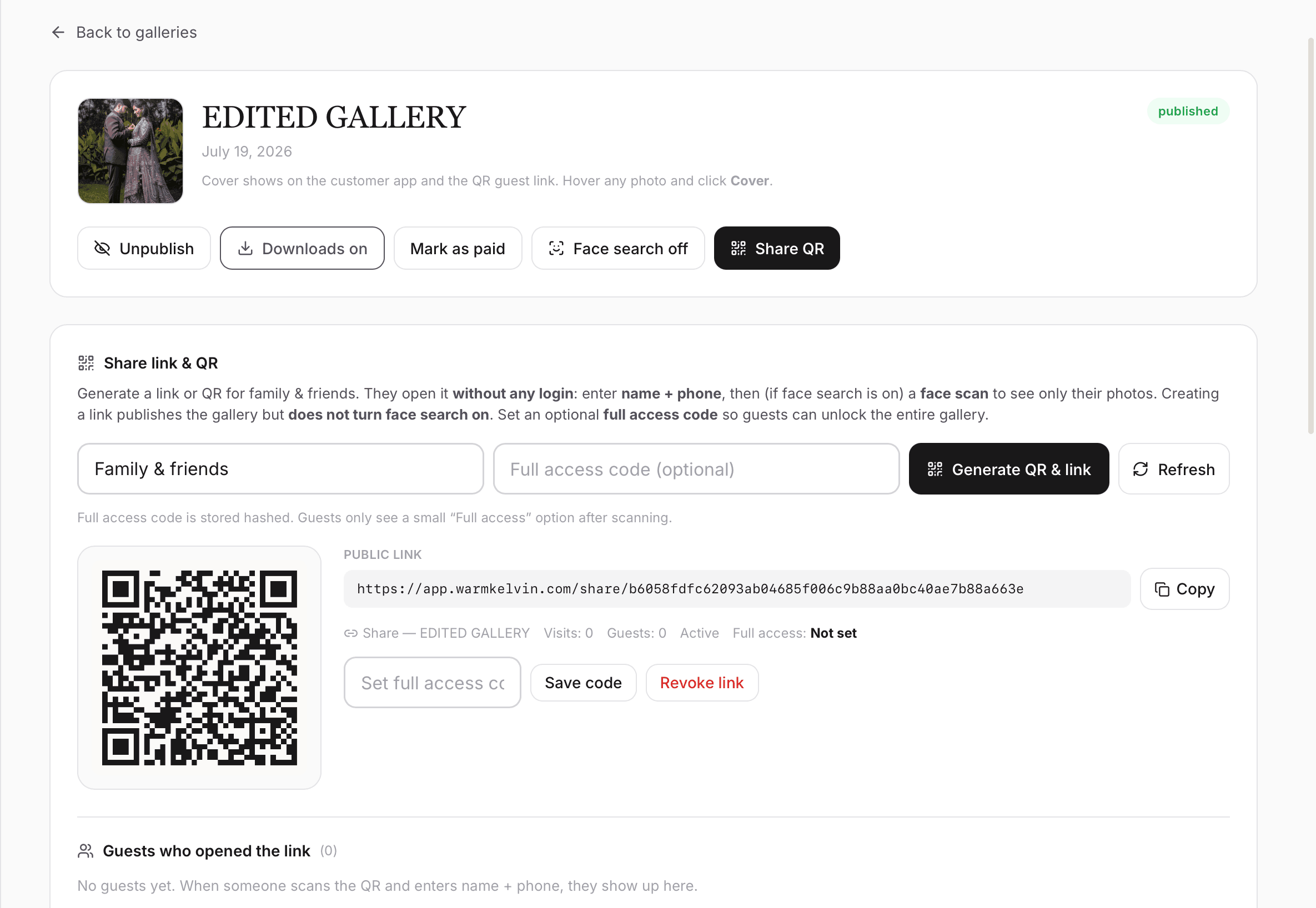 Pixara gallery share — QR and guest link